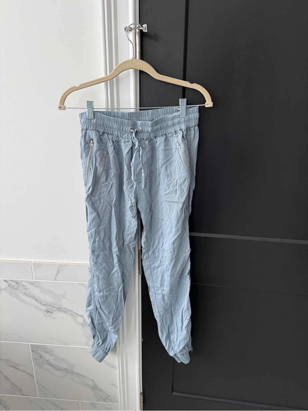 Light Blue Straight-Leg Drawstring Pants for Women